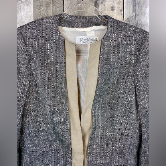 Max Mara Tweed Leather Trim Tie Waist Blazer in Grey Multi Size 10. - Picture 4 of 9